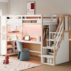 ModernLuxe Lit mezzanine 90x200 cm avec armoire et bureau - avec escalier et prises électriques - LED - naturel (sans matelas)