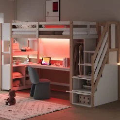 ModernLuxe Lit mezzanine 90x200 cm avec armoire et bureau - avec escalier et prises électriques - LED - naturel (sans matelas)
