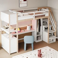 ModernLuxe Lit mezzanine 90x200 cm avec armoire et bureau - avec escalier et prises électriques - LED - naturel (sans matelas)