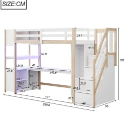 ModernLuxe Lit mezzanine 90x200 cm avec armoire et bureau - avec escalier et prises électriques - LED - naturel (sans matelas)