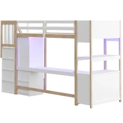 ModernLuxe Lit mezzanine 90x200 cm avec armoire et bureau - avec escalier et prises électriques - LED - naturel (sans matelas)