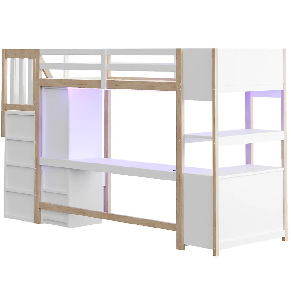ModernLuxe Lit mezzanine 90x200 cm avec armoire et bureau - avec escalier et prises électriques - LED - naturel (sans matelas)