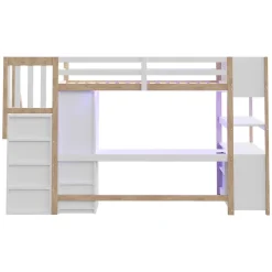 ModernLuxe Lit mezzanine 90x200 cm avec armoire et bureau - avec escalier et prises électriques - LED - naturel (sans matelas)