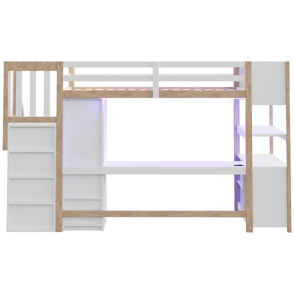 ModernLuxe Lit mezzanine 90x200 cm avec armoire et bureau - avec escalier et prises électriques - LED - naturel (sans matelas)