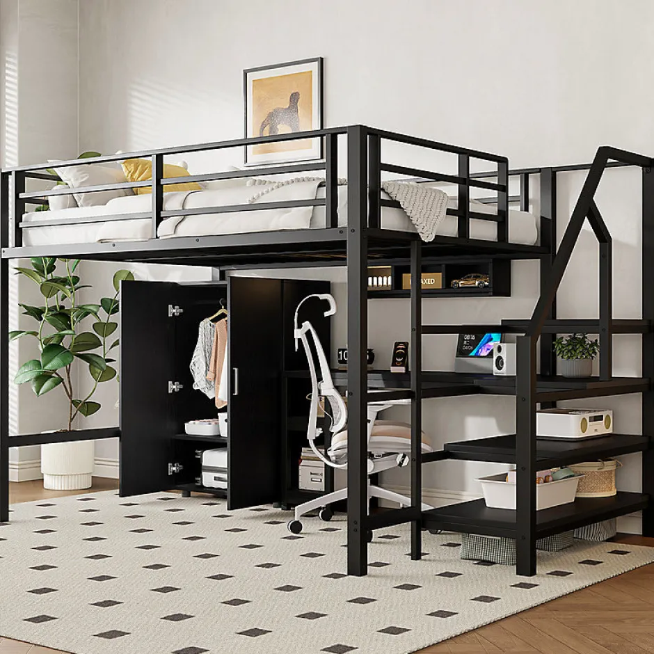 Aapaas Lit mezzanine 140x200 cm avec armoire étagères bureau et échelle noire sans matelas Clearance
