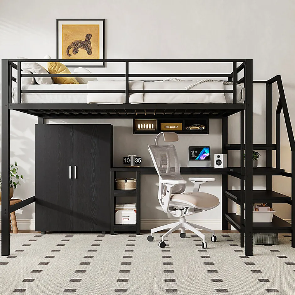 Aapaas Lit mezzanine 140x200 cm avec armoire étagères bureau et échelle noire sans matelas Clearance