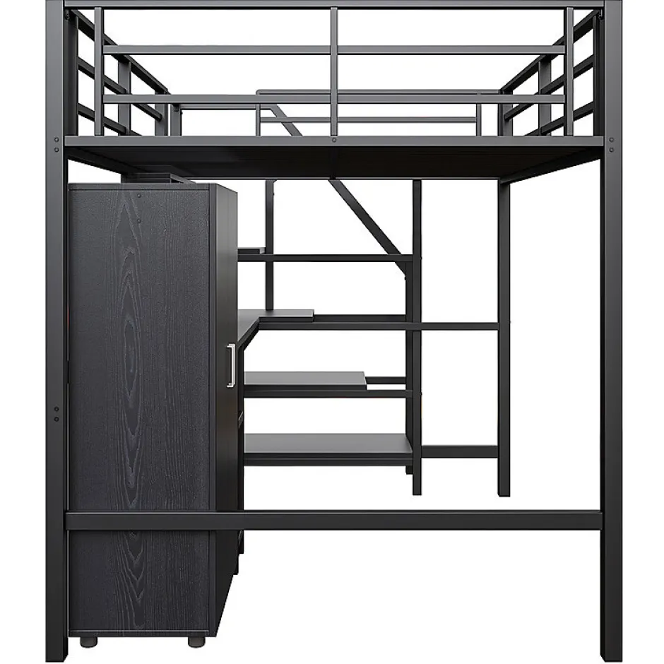 Aapaas Lit mezzanine 140x200 cm avec armoire étagères bureau et échelle noire sans matelas Clearance