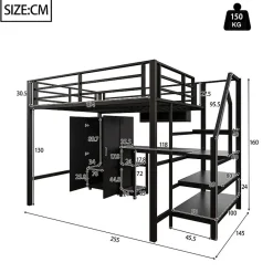 Aapaas Lit mezzanine 140x200 cm avec armoire étagères bureau et échelle noire sans matelas Clearance