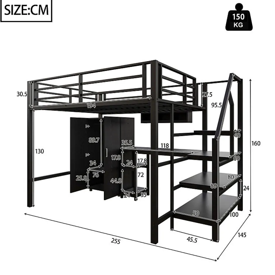 Aapaas Lit mezzanine 140x200 cm avec armoire étagères bureau et échelle noire sans matelas Clearance