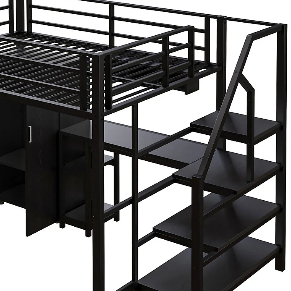 Aapaas Lit mezzanine 140x200 cm avec armoire étagères bureau et échelle noire sans matelas Clearance