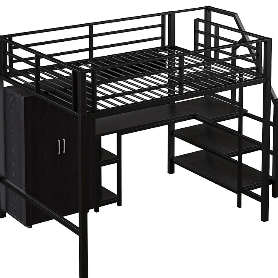 Aapaas Lit mezzanine 140x200 cm avec armoire étagères bureau et échelle noire sans matelas Clearance