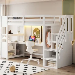 ModernLuxe Lit mezzanine 90x200 cm avec armoire et bureau - avec escalier et prises électriques - LED - blanc (sans matelas)