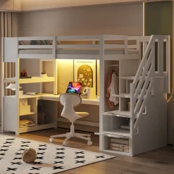 ModernLuxe Lit mezzanine 90x200 cm avec armoire et bureau - avec escalier et prises électriques - LED - blanc (sans matelas)