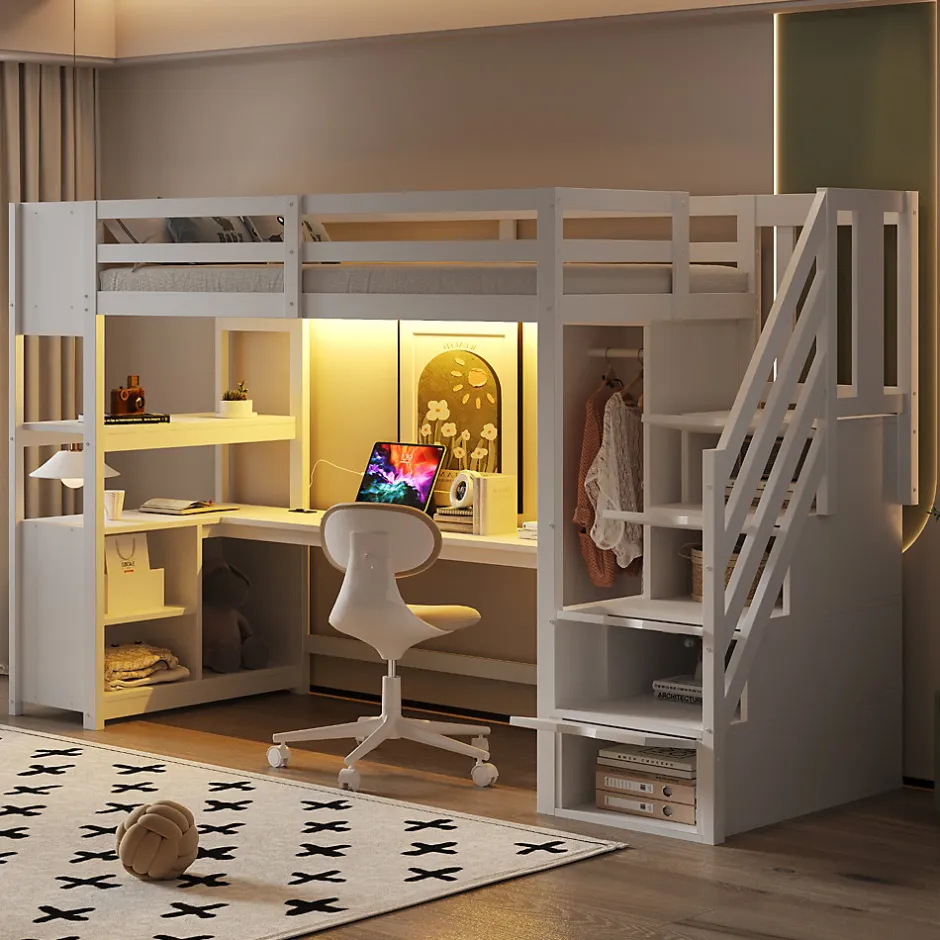 ModernLuxe Lit mezzanine 90x200 cm avec armoire et bureau - avec escalier et prises électriques - LED - blanc (sans matelas)