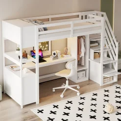 ModernLuxe Lit mezzanine 90x200 cm avec armoire et bureau - avec escalier et prises électriques - LED - blanc (sans matelas)