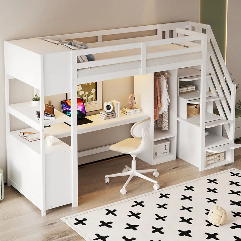 ModernLuxe Lit mezzanine 90x200 cm avec armoire et bureau - avec escalier et prises électriques - LED - blanc (sans matelas)