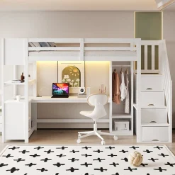ModernLuxe Lit mezzanine 90x200 cm avec armoire et bureau - avec escalier et prises électriques - LED - blanc (sans matelas)