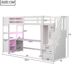 ModernLuxe Lit mezzanine 90x200 cm avec armoire et bureau - avec escalier et prises électriques - LED - blanc (sans matelas)
