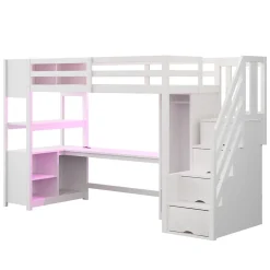 ModernLuxe Lit mezzanine 90x200 cm avec armoire et bureau - avec escalier et prises électriques - LED - blanc (sans matelas)