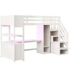 ModernLuxe Lit mezzanine 90x200 cm avec armoire et bureau - avec escalier et prises électriques - LED - blanc (sans matelas)
