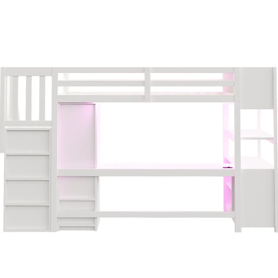 ModernLuxe Lit mezzanine 90x200 cm avec armoire et bureau - avec escalier et prises électriques - LED - blanc (sans matelas)