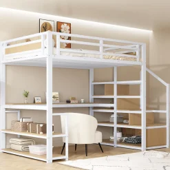 Okwish Lit Mezzanine 140x200 cm avec Bureau et Rangement, Métal+MDF, Blanc - Sans Matelas