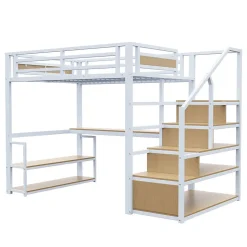 Okwish Lit Mezzanine 140x200 cm avec Bureau et Rangement, Métal+MDF, Blanc - Sans Matelas