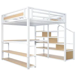 Okwish Lit Mezzanine 140x200 cm avec Bureau et Rangement, Métal+MDF, Blanc - Sans Matelas