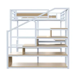 Okwish Lit Mezzanine 140x200 cm avec Bureau et Rangement, Métal+MDF, Blanc - Sans Matelas