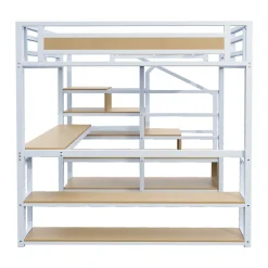 Okwish Lit Mezzanine 140x200 cm avec Bureau et Rangement, Métal+MDF, Blanc - Sans Matelas