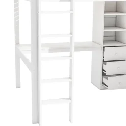 Redom Lit mezzanine 140x200 cm avec bureau intégré, armoire et 3 tiroirs fonctionnels en pin blanc Outlet