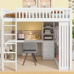 Redom Lit mezzanine 140x200 cm avec bureau intégré, armoire et 3 tiroirs fonctionnels en pin blanc Outlet