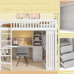 Redom Lit mezzanine 140x200 cm avec bureau intégré, armoire et 3 tiroirs fonctionnels en pin blanc Outlet