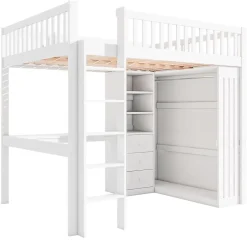 Redom Lit mezzanine 140x200 cm avec bureau intégré, armoire et 3 tiroirs fonctionnels en pin blanc Outlet