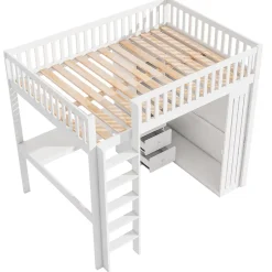 Redom Lit mezzanine 140x200 cm avec bureau intégré, armoire et 3 tiroirs fonctionnels en pin blanc Outlet