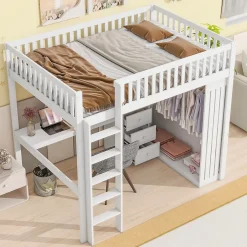 Redom Lit mezzanine 140x200 cm avec bureau intégré, armoire et 3 tiroirs fonctionnels en pin blanc Outlet