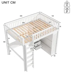 Redom Lit mezzanine 140x200 cm avec bureau intégré, armoire et 3 tiroirs fonctionnels en pin blanc Outlet