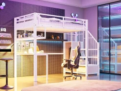 Redom Lit mezzanine 90x200 cm avec bureau intégré, étagères et marche de rangement, structure métal blanche Online