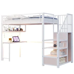 Redom Lit mezzanine 90x200 cm avec bureau intégré, étagères et marche de rangement, structure métal blanche Online