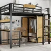 ModernLuxe Lit mezzanine 90x200 cm avec bureau et étagère - armoire à portes doubles et échelle - Métal+MDF - Noir+Naturel (sans matelas) Online