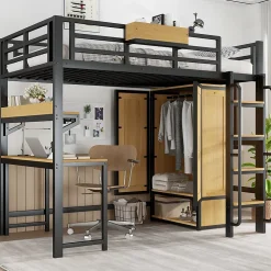 ModernLuxe Lit mezzanine 90x200 cm avec bureau et étagère - armoire à portes doubles et échelle - Métal+MDF - Noir+Naturel (sans matelas) Online