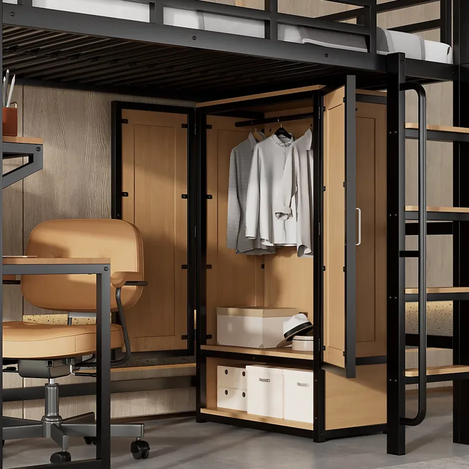 ModernLuxe Lit mezzanine 90x200 cm avec bureau et étagère - armoire à portes doubles et échelle - Métal+MDF - Noir+Naturel (sans matelas) Online