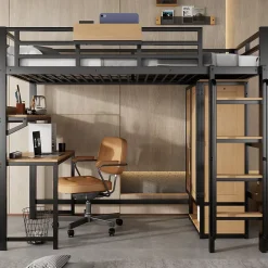 ModernLuxe Lit mezzanine 90x200 cm avec bureau et étagère - armoire à portes doubles et échelle - Métal+MDF - Noir+Naturel (sans matelas) Online