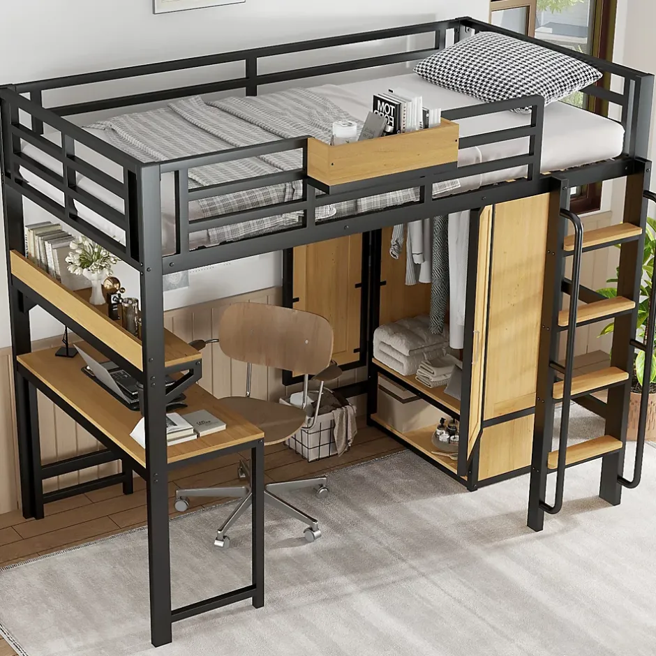ModernLuxe Lit mezzanine 90x200 cm avec bureau et étagère - armoire à portes doubles et échelle - Métal+MDF - Noir+Naturel (sans matelas) Online