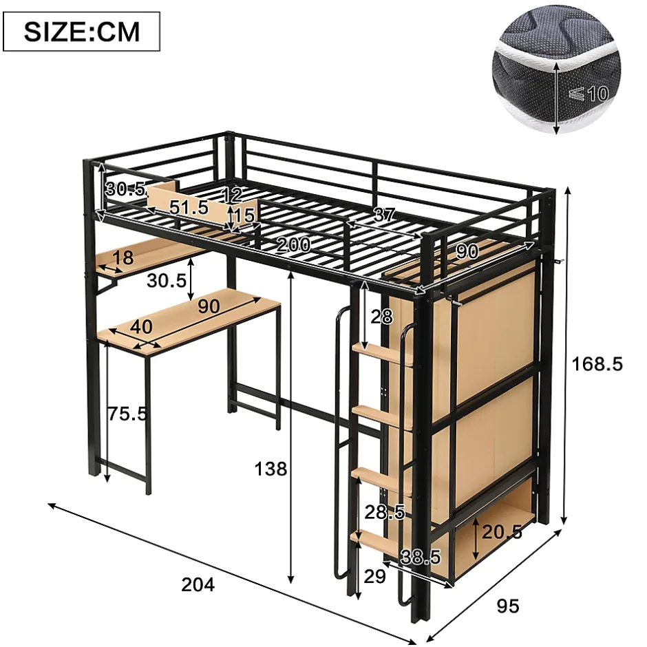 ModernLuxe Lit mezzanine 90x200 cm avec bureau et étagère - armoire à portes doubles et échelle - Métal+MDF - Noir+Naturel (sans matelas) Online