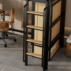 ModernLuxe Lit mezzanine 90x200 cm avec bureau et étagère - armoire à portes doubles et échelle - Métal+MDF - Noir+Naturel (sans matelas) Online