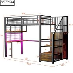 Enfant Redom Lit mezzanine 90x200 cm avec bureau intégré, étagères et échelle de rangement en métal noir pour chambre ado