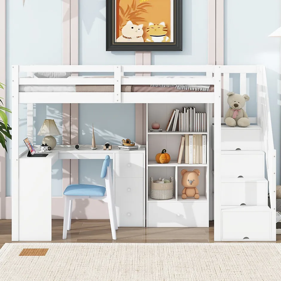 Enfant Redom Lit mezzanine 90x200 cm avec bureau integre tiroirs et etageres structure pin et MDF blanc