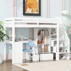Enfant Redom Lit mezzanine 90x200 cm avec bureau integre tiroirs et etageres structure pin et MDF blanc