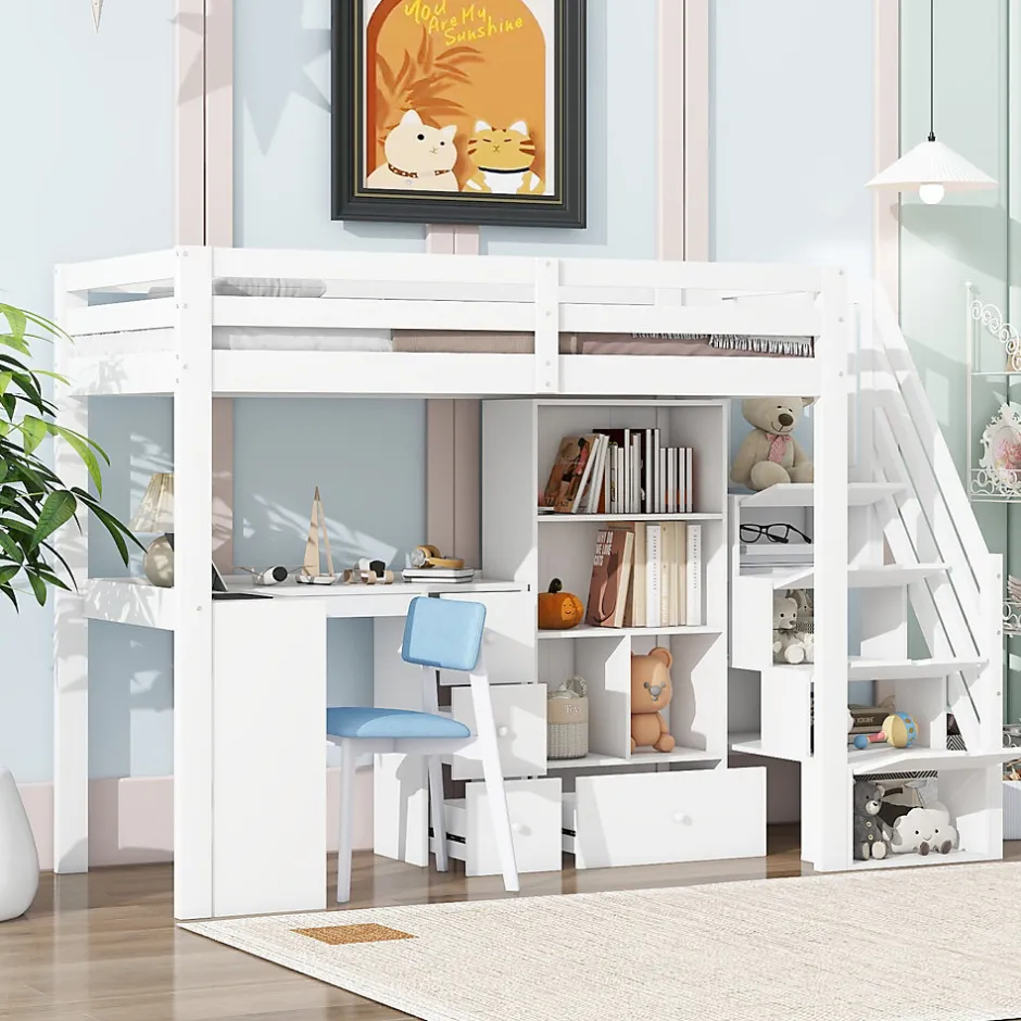Enfant Redom Lit mezzanine 90x200 cm avec bureau integre tiroirs et etageres structure pin et MDF blanc